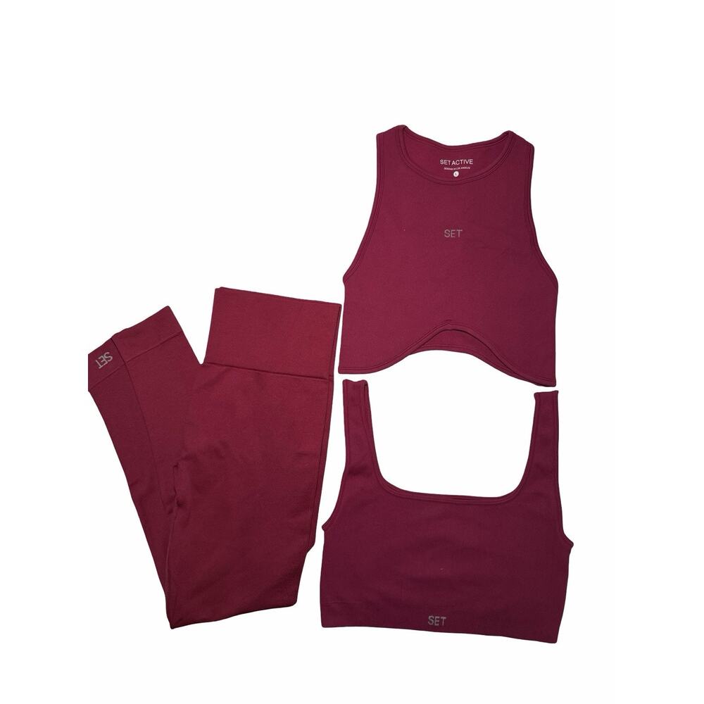 SET Active Burgundy 3-Piece Leggings & Crop Tops Set